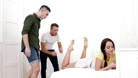 Chick has a threesome and gets double penetrated by two males